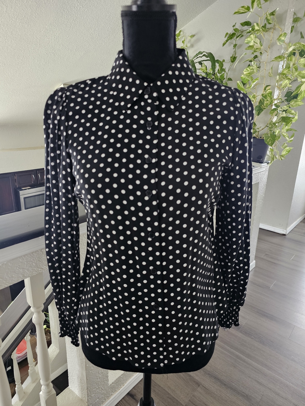 NWOT Size S  Black and White Polka Dot Button-Up Dress Shirt